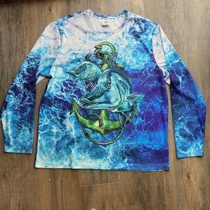 Spicy Tuna Coastal Outfitter Mens XXL Fishing Shirt Blue Anchor Fish Long Sleeve